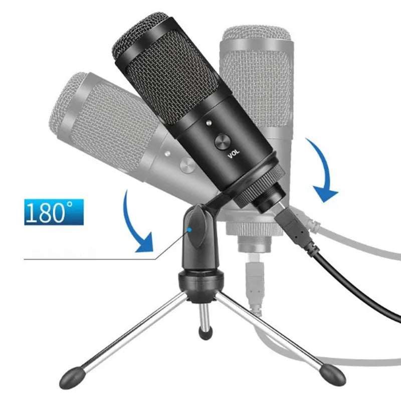 Black usb condenser k669 record rgb microphone with mesh grille and volume knob on tripod for cardioid game studio vocals