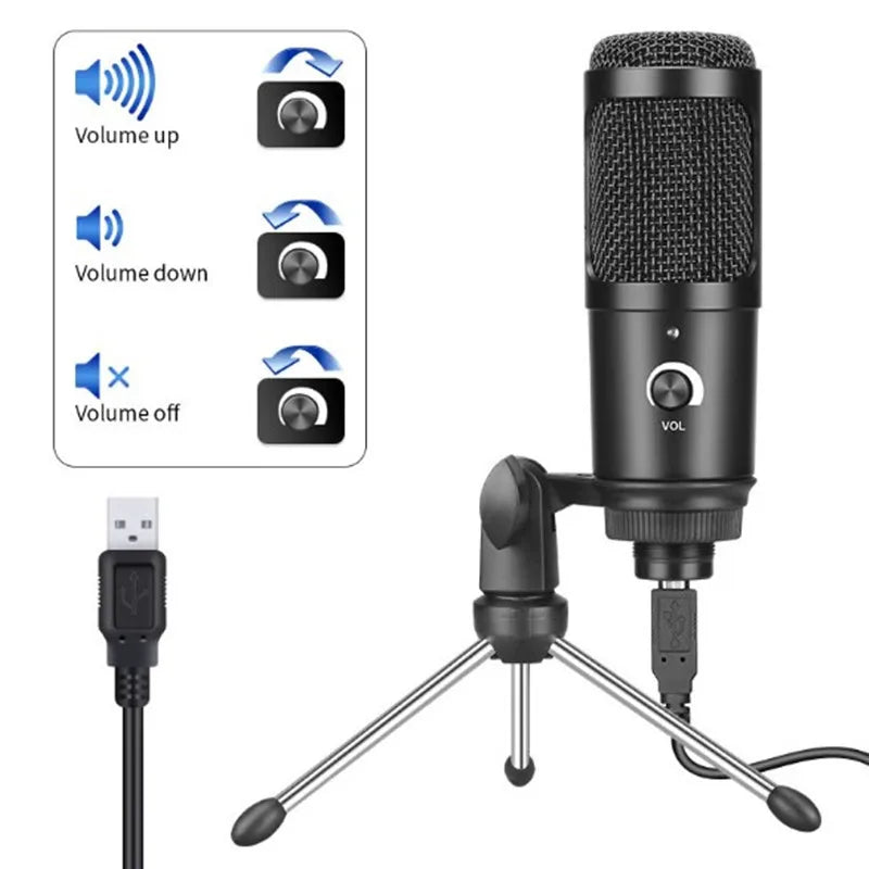 Black k669 record rgb usb condenser microphone with mesh grille and volume control on tripod for studio recording vocals