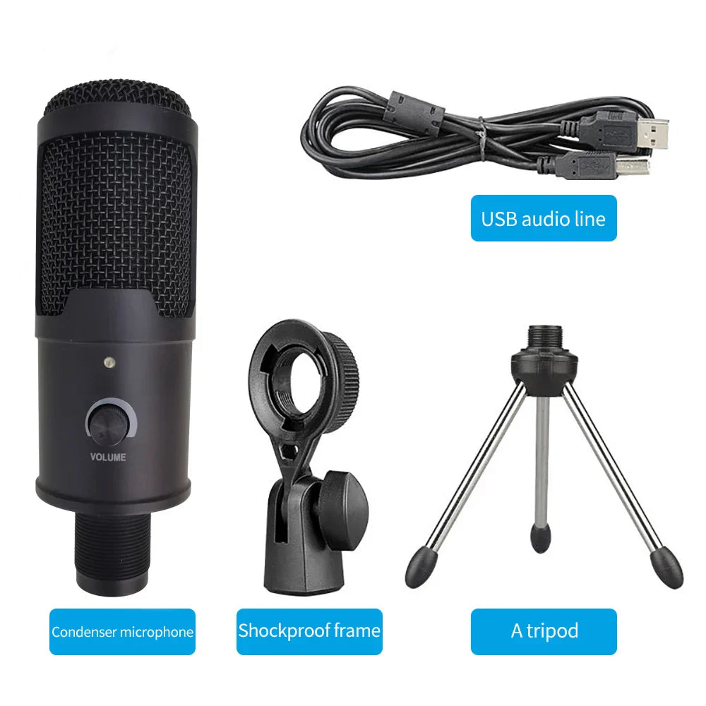 Black k669 record rgb condenser microphone with mesh grille and volume control knob for studio recording vocals and cardioid game studio use