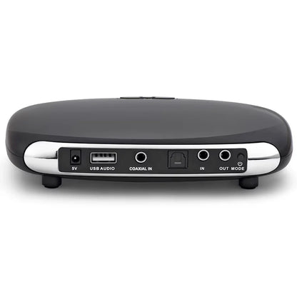 Black and silver audio receiver with usb and coaxial ports and mode switch for home karaoke echo mixer system use