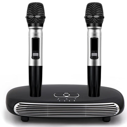 A sleek black and silver karaoke box microphone system with two wireless microphones and home karaoke echo mixer features