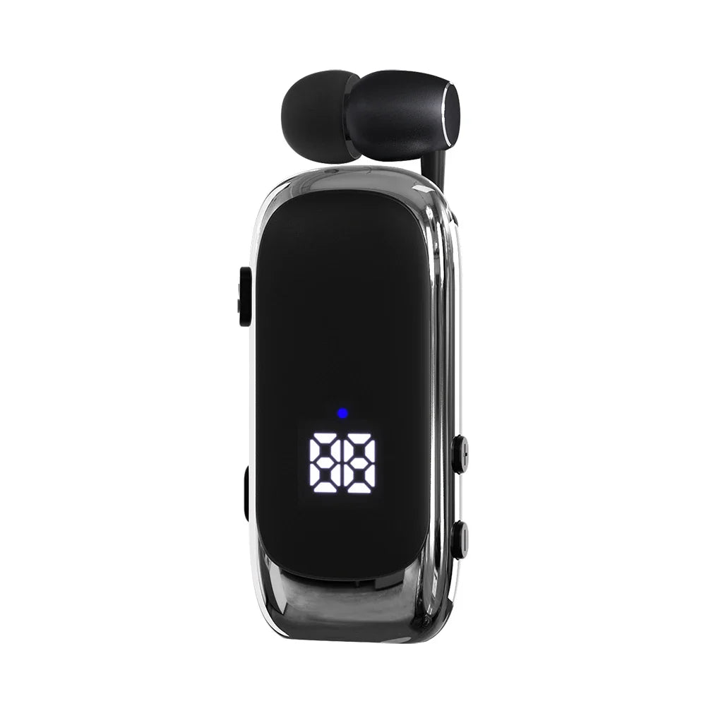 Black and silver k88 lavalier cancelling wireless earphones with led digital display and 20 hours music time charging case