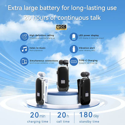 Black and white k88 lavalier business bluetooth 5.4 cancelling wireless earphones with clip-on design and led digital display