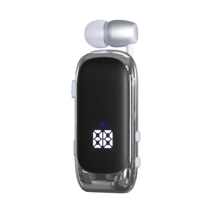 Silver and black cancelling wireless earphones with sleek charging case featuring hours led digital display for business use