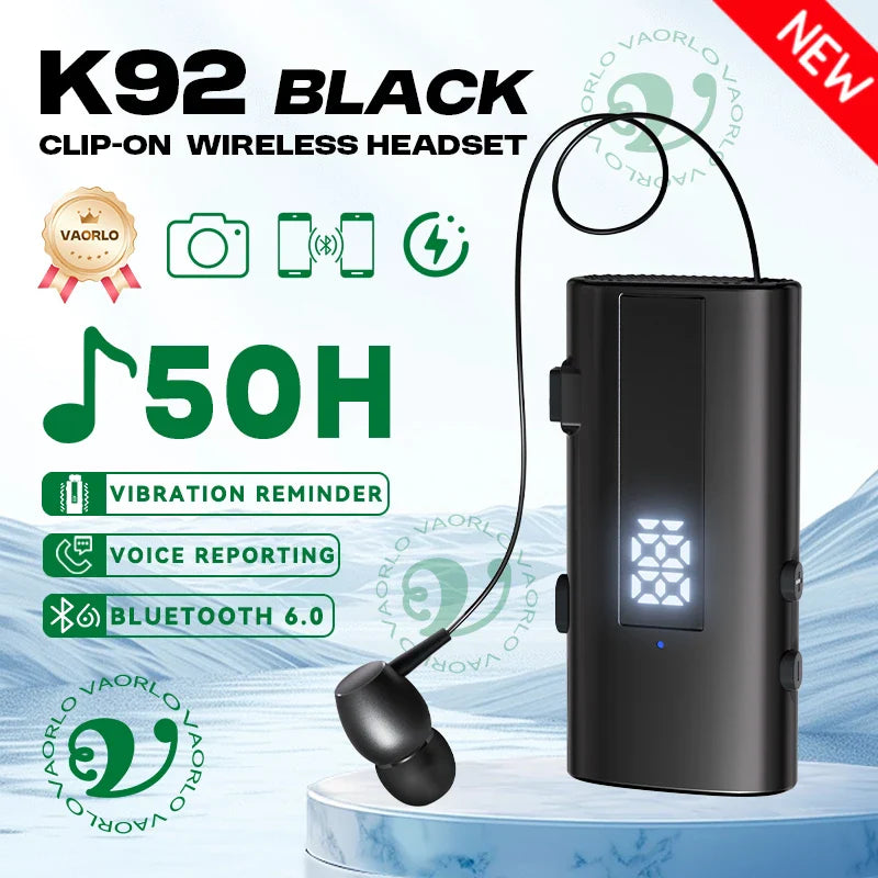Black vaorlo k92 lavalier business headset with mic wireless earphone 50h vibration reminder and sleek charging case