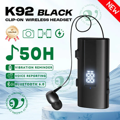 Black vaorlo k92 lavalier business headset with mic wireless earphone 50h vibration reminder and sleek charging case