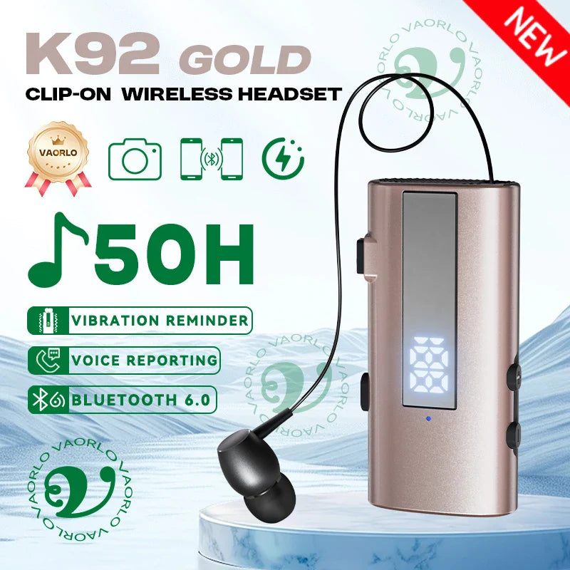 Gold-colored k92 lavalier business headset with black earpiece and sleek charging case with led 50h vibration reminder mic wireless earphone