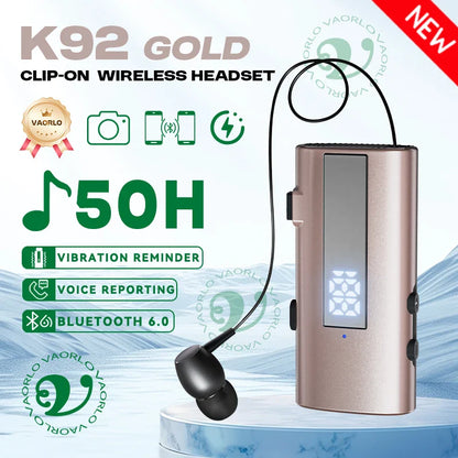 Gold-colored k92 lavalier business headset with black earpiece and sleek charging case with led 50h vibration reminder mic wireless earphone