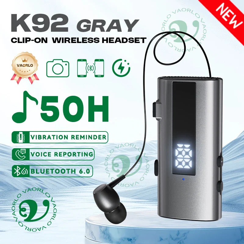 Gray vaarlo k92 lavalier business headset with sleek metallic body black earpiece 50h vibration reminder mic wireless earphone