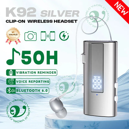 Silver k92 clip-on lavalier business headset with sleek metallic finish mic wireless earphone 50h vibration reminder case