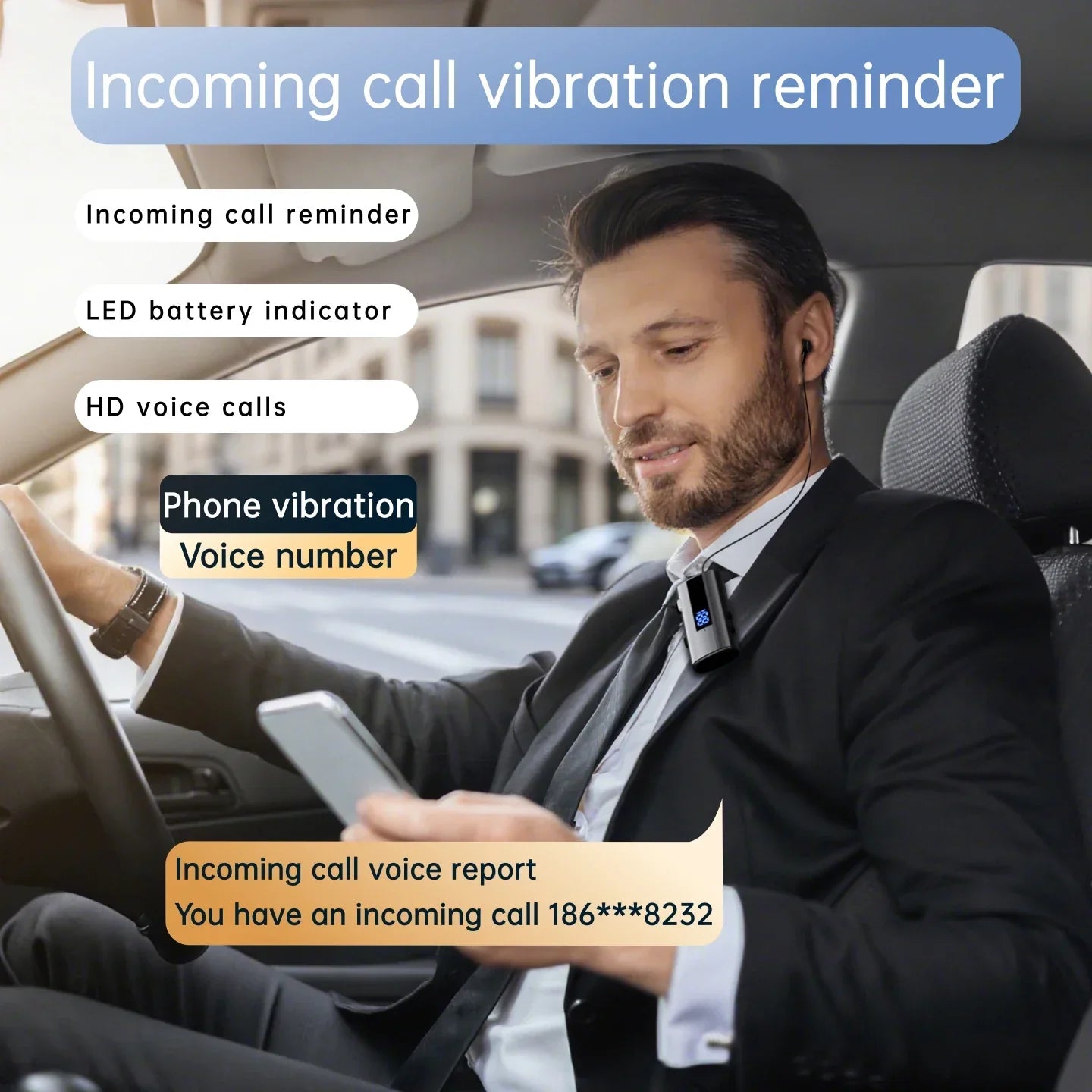 Black sleek lavalier business headset with 50h vibration reminder led display and mic wireless earphone functionality