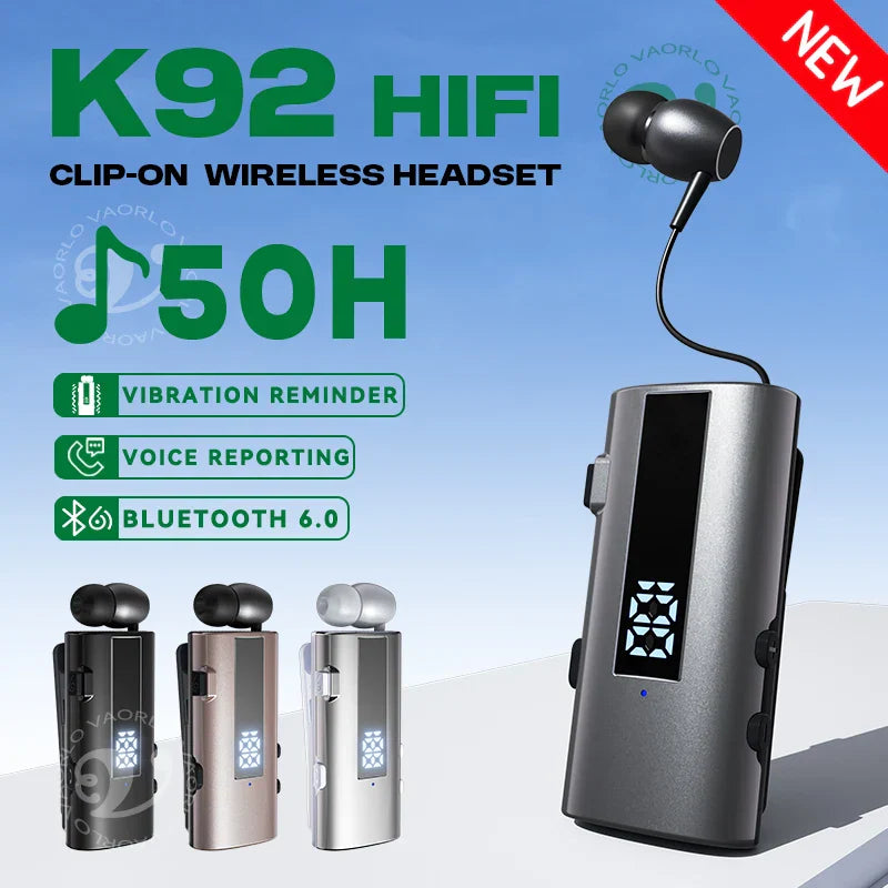 Silver metallic k92 lavalier business headset with black earpieces mic wireless earphone 50h vibration reminder led display