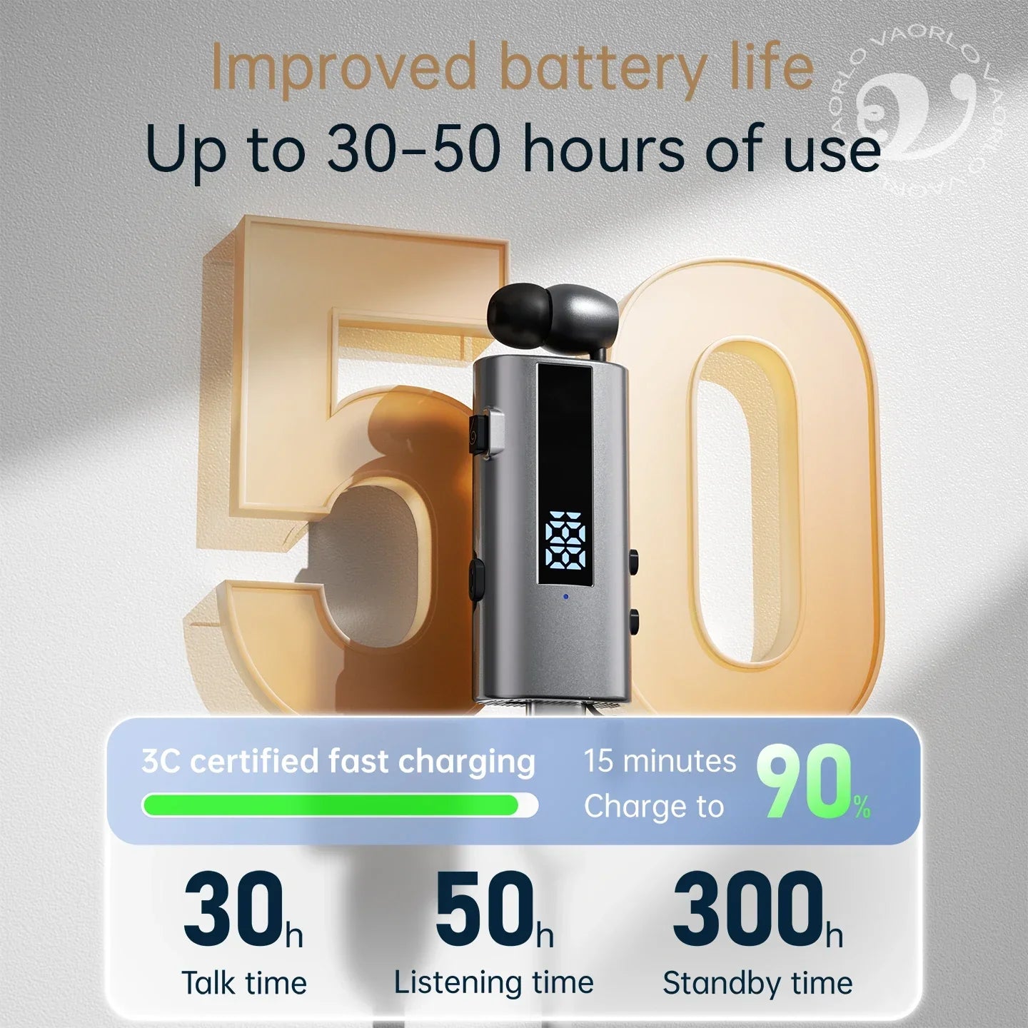 Silver metallic lavalier business headset with digital display charging case 50h vibration reminder mic wireless earphone