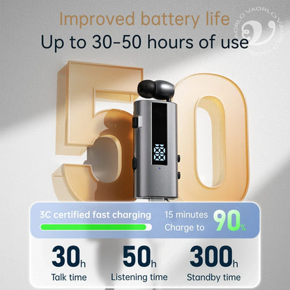 Silver metallic lavalier business headset with digital display charging case 50h vibration reminder mic wireless earphone