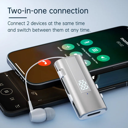 Silver metallic dual-device bluetooth adapter with illuminated panel for lavalier business headset and 50h vibration reminder