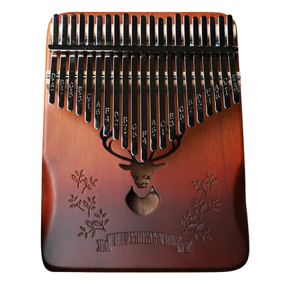 A rich brown full wood professional thumb piano kalimba with 21 black metal tines musical notes and deer head design include instruction carrying bag