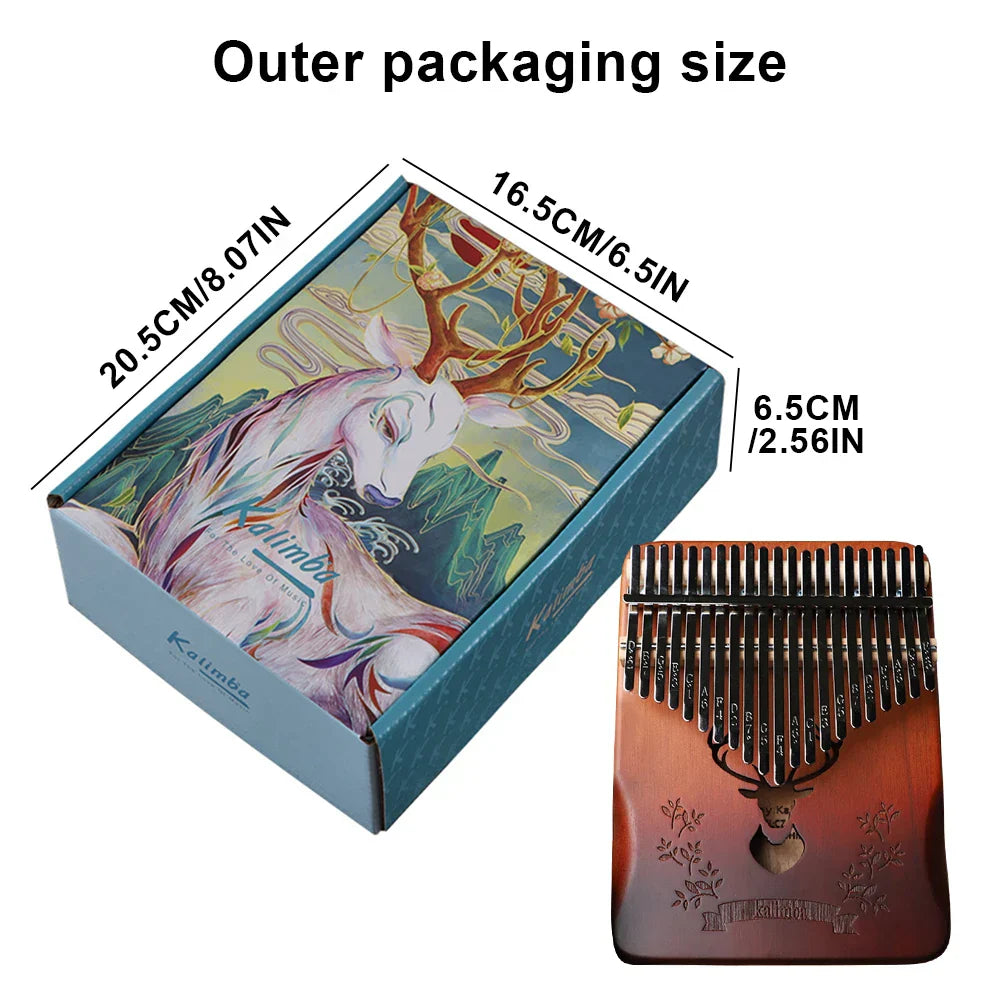 A wooden kalimba with 21 keys reddish brown finish engraved deer design professional thumb piano include instruction carrying bag