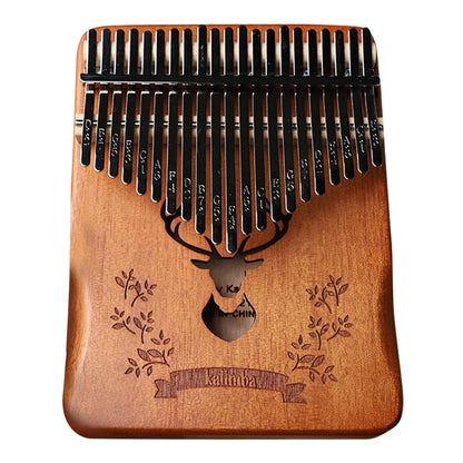 A wooden professional thumb piano with 21 black metal tines featuring a deer head design and includes instruction carrying bag