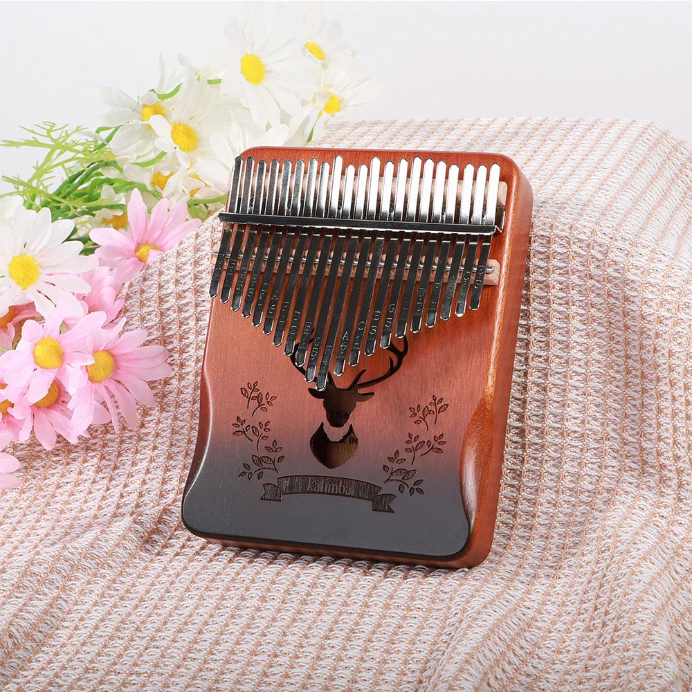 Wooden kalimba finger piano with 21 keys and engraved deer floral designs polished reddish-brown musical instrument mbira