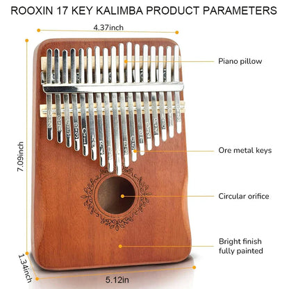 A polished wooden kalimba finger piano with 17 silver metal keys and circular sound hole musical instrument mbira