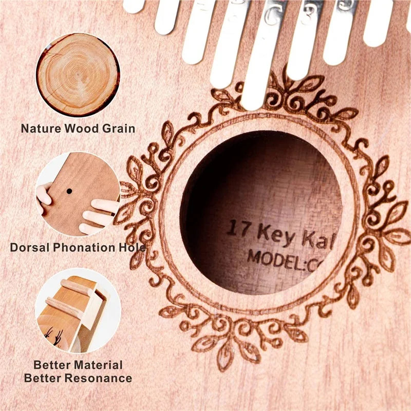 A 17-key mahogany wood kalimba music instrument thumb piano with engraved leaf patterns and silver metal keys