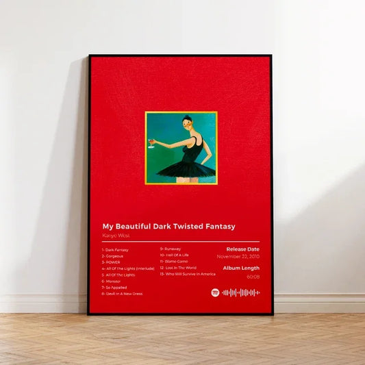 Red framed kanye west hip hop rapper poster aesthetic album canvas print featuring black ballet dancer on red background
