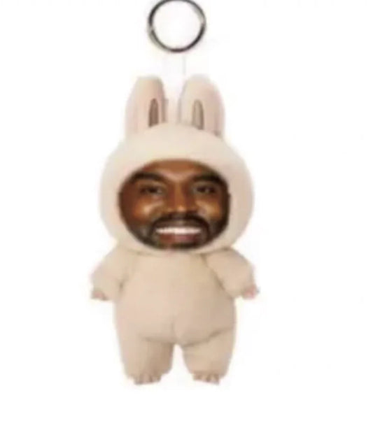 Cream-colored plush bunny keychain with kanye west printed face trendy pendant layeye design birthday present trending toy