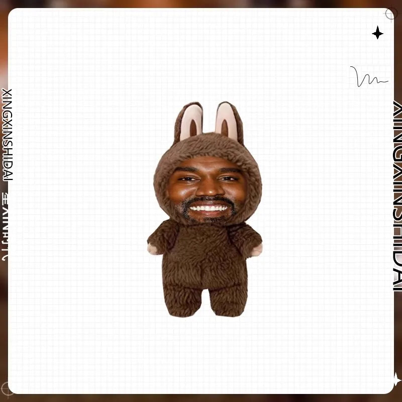 Brown fuzzy bunny costume plush toy with smiling face featuring Kanye West trendy pendant for layeye design birthday present trending toy