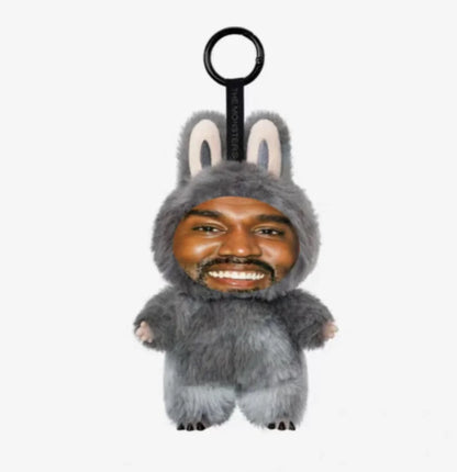 Gray fuzzy bunny-shaped keychain with white inner ears and smiling face from kanye west trendy pendant layeye design birthday present trending toy