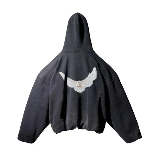 Back side of a black oversized kanye west hoodie featuring a high quality white dove print from dove print season 6