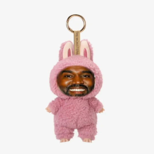Pink fuzzy bunny-themed keychain with smiling face and plush material for kanye west peripheral decoration toys gifts