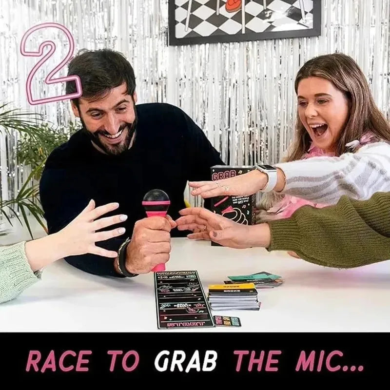 Pink and black karaoke board game microphone with transparent dome top for family party singing card game with lyric cards