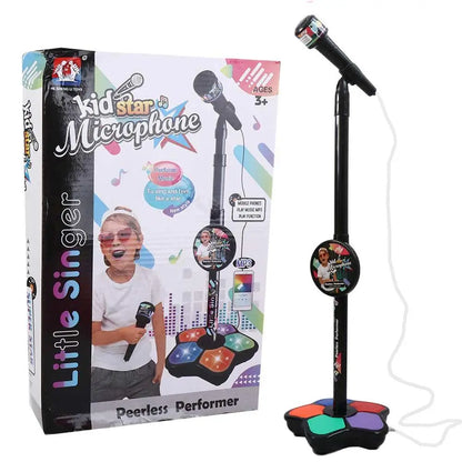 Black plastic microphone stand with colorful illuminated pedal base and wireless mic for educational music instrument use