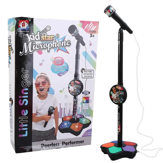 Black plastic microphone stand with colorful illuminated pedal base and wireless mic for educational music instrument use