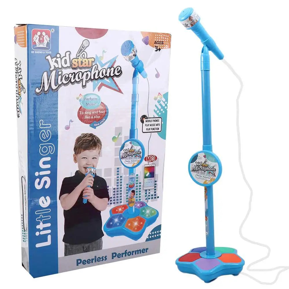 Blue plastic kid star microphone stand with colorful foot pedal and attached mic for educational music instrument use