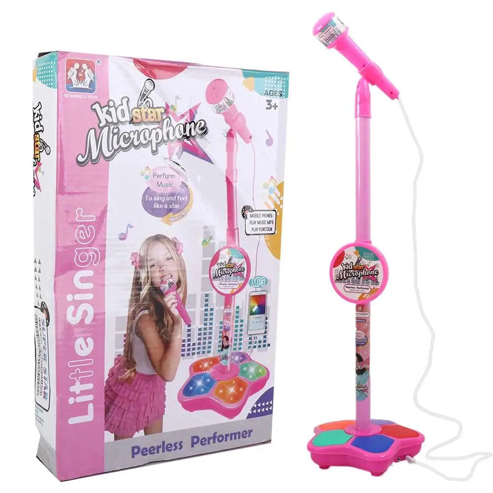 Pink plastic karaoke brain-training song singing microphone on matching stand with colorful illuminated foot pedals educational music instrument