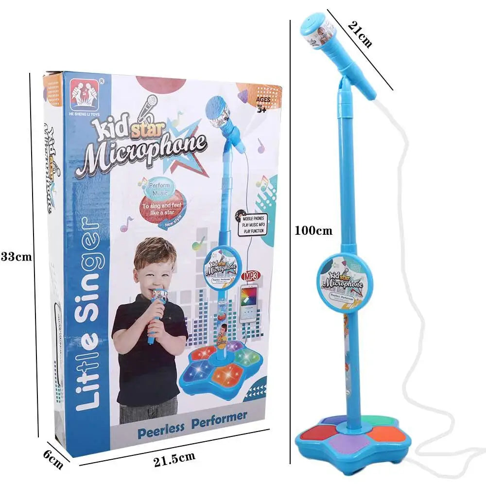 Blue plastic kid star microphone stand with colorful foot pedal and attached mic for educational music instrument singing