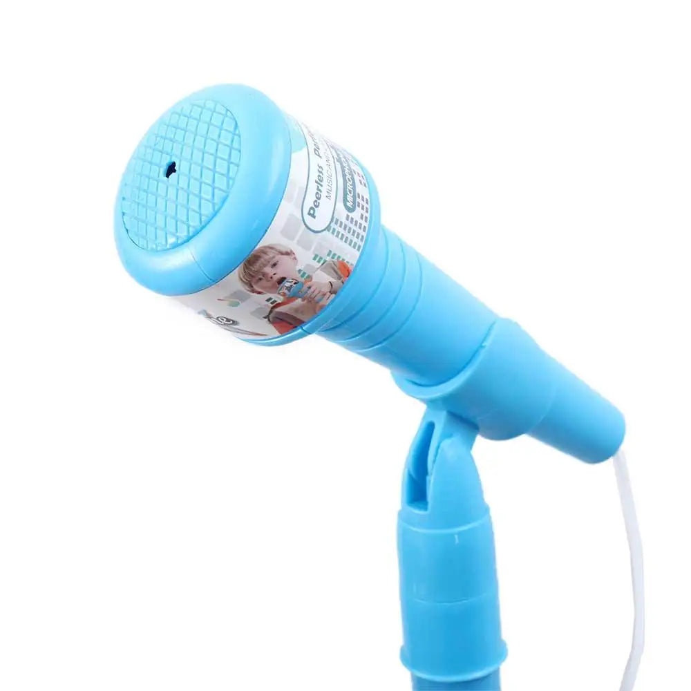 Bright blue plastic toy karaoke brain training song singing microphone with grid grille and child label for stand educational music use