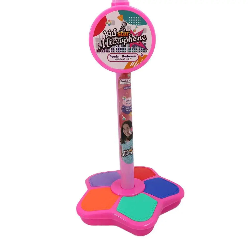 Pink kid star microphone toy with colorful multi-button pedal base and brand logo for educational music instrument use