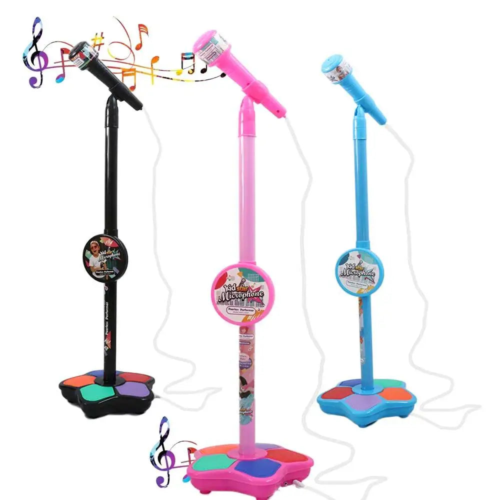 Three colorful karaoke brain-training song singing microphone stands in black pink and blue with star-shaped bases