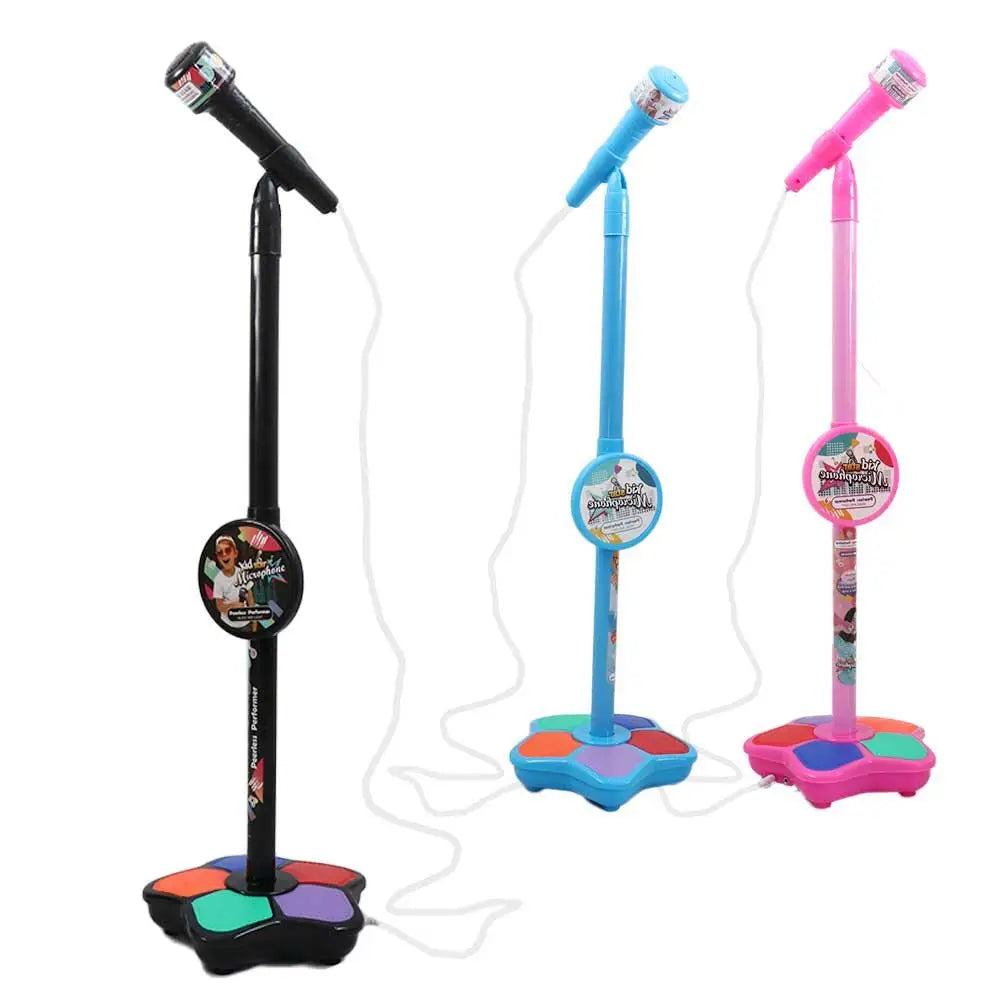 Three colorful karaoke brain-training song singing microphones with vibrant flower-shaped bases and stand educational music design