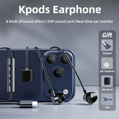 Black kpods karaoke earphones with real-time ear monitoring, sleek metallic control module, braided cable, microphone multi modes, vocal mic gift