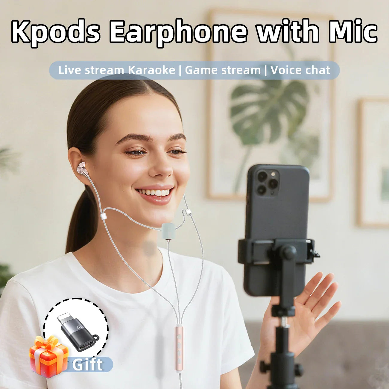 White wired kpods karaoke earphones with pink metallic inline control featuring microphone multi modes and real-time ear monitoring