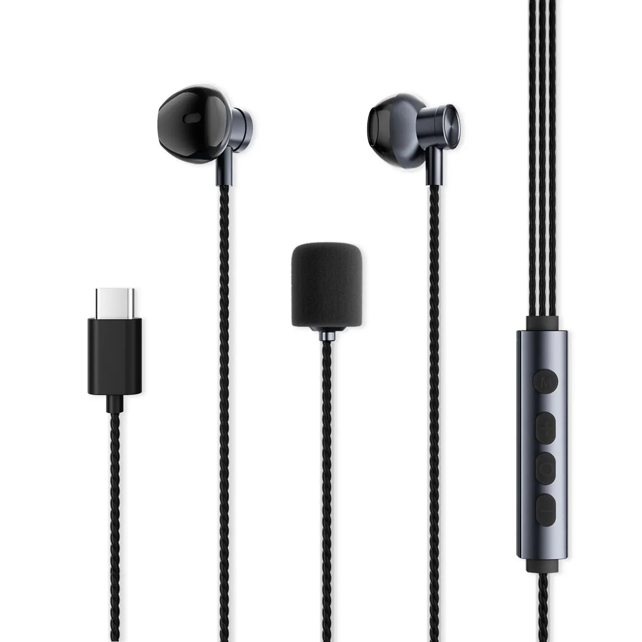 Black in-ear headphones with braided cable and silver control module featuring real-time ear monitoring and microphone multi modes for vocal mic gift