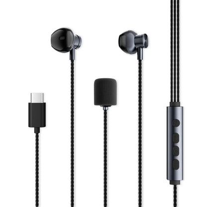 Black in-ear headphones with braided cable and silver control module featuring real-time ear monitoring and microphone multi modes for vocal mic gift