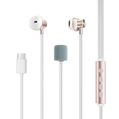 Rose gold and white wired karaoke earphones with metallic accents featuring microphone multi modes and real-time ear monitoring