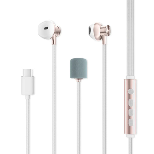 Rose gold and white wired karaoke earphones with metallic accents featuring microphone multi modes and real-time ear monitoring