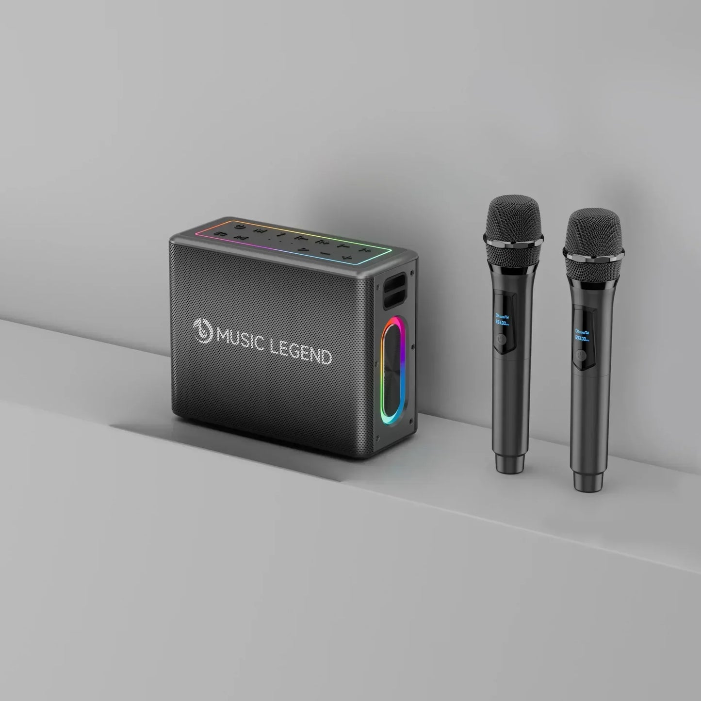 Black rectangular bluetooth speaker caixa with rainbow led lighting and two wireless microphones for karaoke family party portable subwoofer