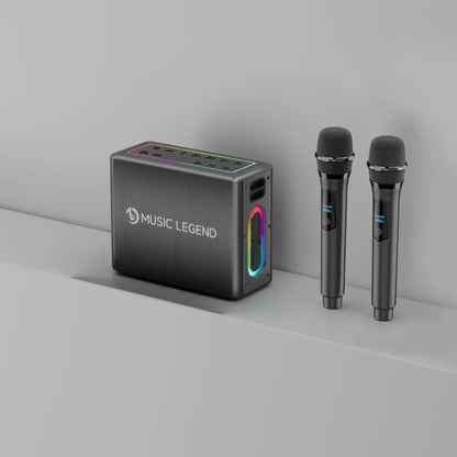 Black rectangular bluetooth speaker caixa with rainbow led lighting and two wireless microphones for karaoke family party portable subwoofer