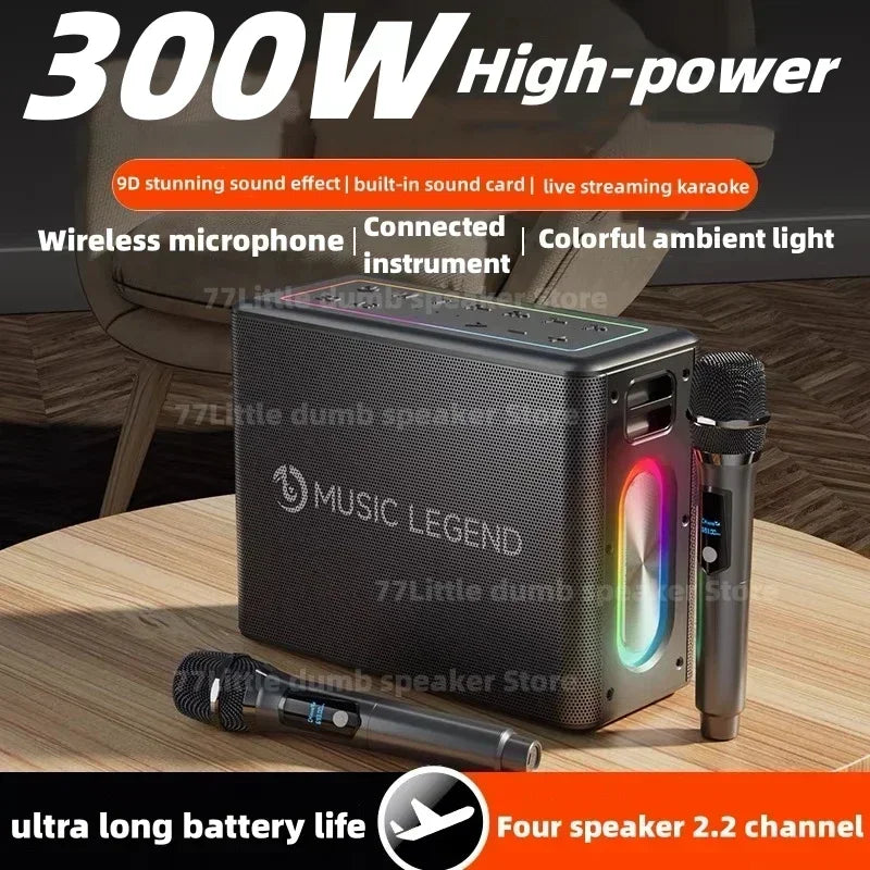 Black rectangular karaoke family party portable subwoofer with colorful ambient lighting and wireless microphone bluetooth speaker caixa
